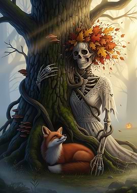 Autumn Skeleton Spirit - Fox and Oak Forest Scene
