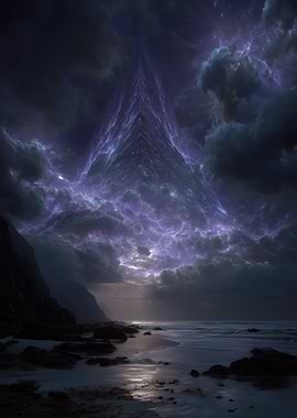 Mystical Beach with Triangular Cloud Formation