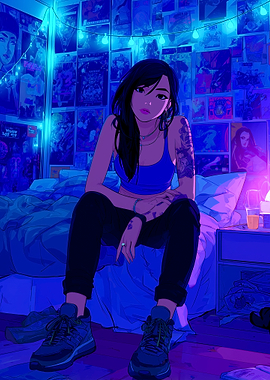 Blue Room Anime Girl with posters Illustration