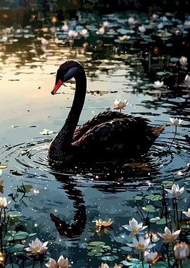 Black Swan in Lily Pond