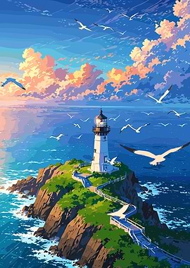 Lighthouse on Island with Seagulls
