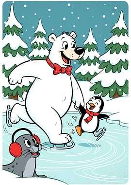 Cartoon Animals Ice Skating in Winter