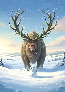 Winter Deer and Snowman Illustration