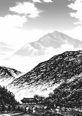 Monochrome Mountain Landscape with Traditional Bridge