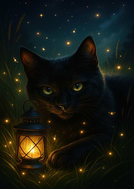 Black cat with lantern in grass