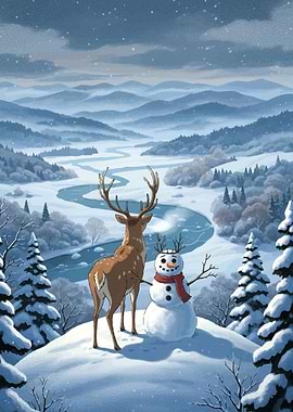 Deer and Snowman Winter Landscape