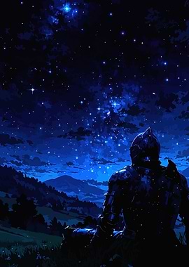 Knight under starry night sky