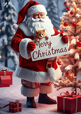 Santa Claus with Kitten and Sign