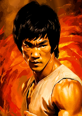 Bruce Lee Portrait with Fiery Background