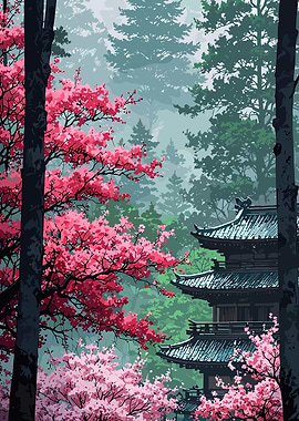 Japanese Pagoda with Cherry Blossoms