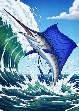 Marlin Leaping Ocean Wave