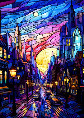Stained Glass Cityscape at Sunset