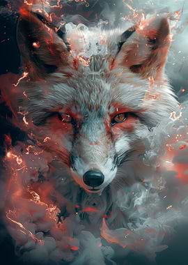 Japanese Fox Kitsune in Smoke and Fire