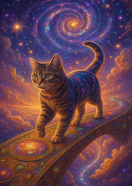 Cosmic Cat on Ornate Bridge