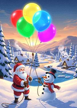 Santa, Snowman, and Colorful Balloons