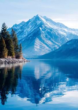 Snowy Mountain Reflection on Lake Nature