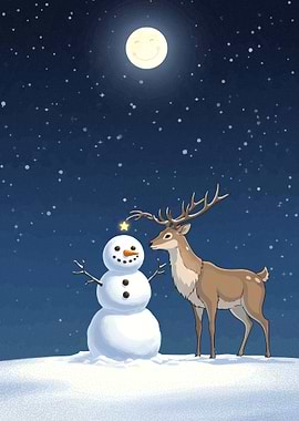 Snowman and Deer Under Smiling Moon