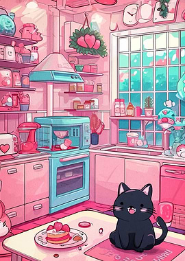Cute Cat in Pink Kitchen Illustration