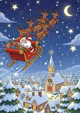 Santa Claus flying over snowy town
