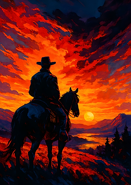 Cowboy on Horseback at Sunset