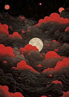 Red Clouds and Moon Digital Art
