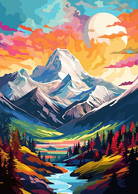 Colorful Mountain Landscape with River