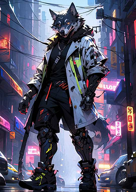 Cyberpunk Wolf Character in Cityscape