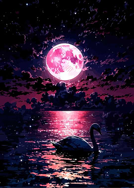 Swan under a pink moonlit sky