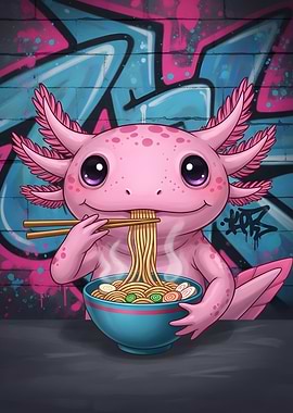 Axolotl Eating Ramen with Graffiti Background