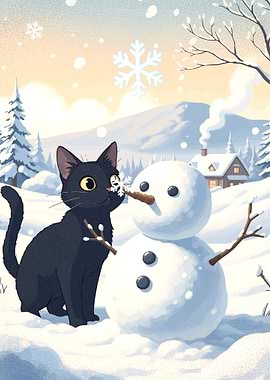 Black Cat and Snowman in Winter