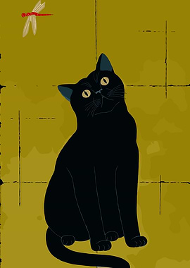 Black Cat and Dragonfly Illustration