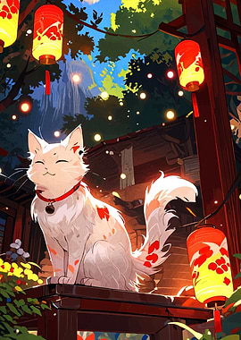 Smiling Cat with Lanterns