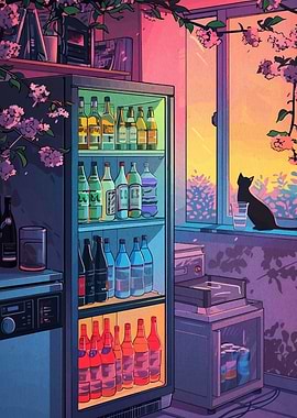 Anime-style room with fridge and cat