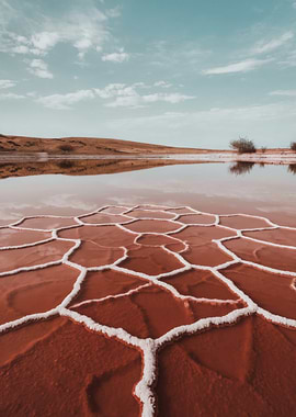 Pink Lake with White Crystal Formations