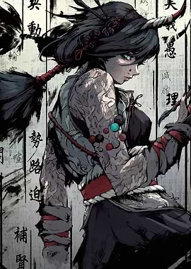 Horned Warrior Woman with Calligraphy Background