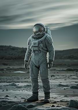 Sci-Fi Space Explorer Lone Astronaut Stands on Alien Terrain