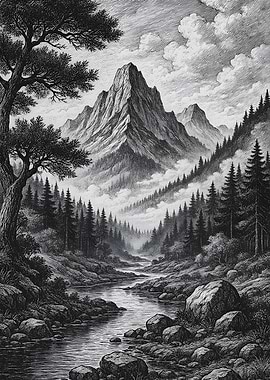 Monochrome Mountain Landscape with River