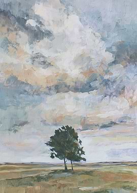 Lone Tree Under Cloudy Sky Painting