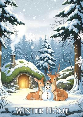 Winter Home with Deer Family
