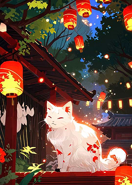 White Cat with Red Lanterns