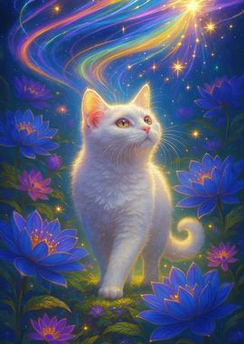 White Cat in a Floral Dreamscape