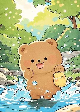 Cute Bear Cub Splashing Stream