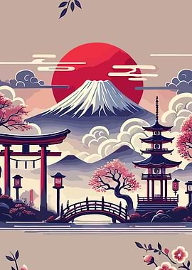 Japanese Landscape with Mount Fuji and Pagoda