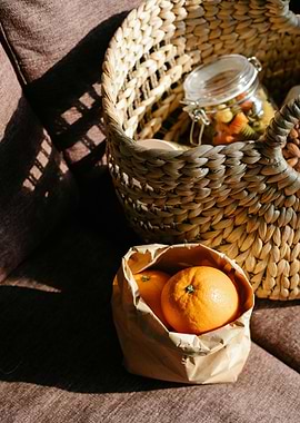 Oranges and Pasta in Wicker Basket