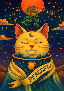 Peaceful Cat with Tree and Moon