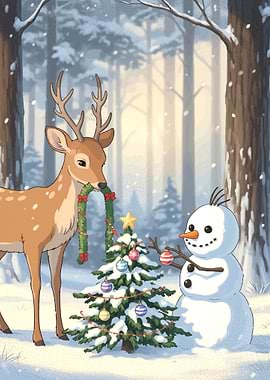 Christmas Deer and Snowman Decoration Scene