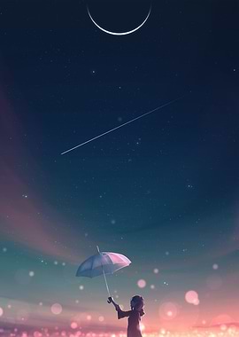 Girl with Umbrella Under Starry Sky