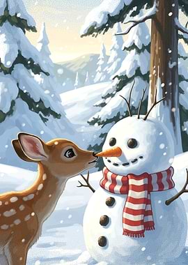 Deer and Snowman in Winter Landscape