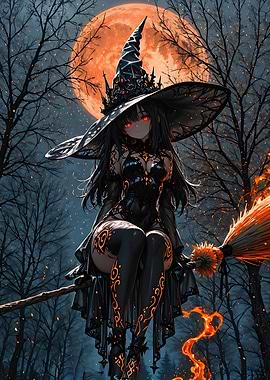 Anime Witch on Broomstick with Moon