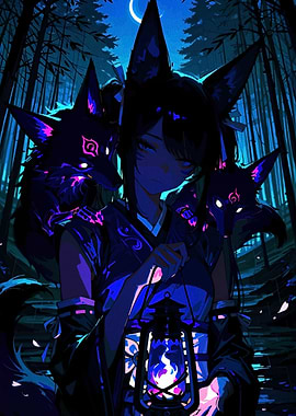 Anime Girl with Fox Spirits in Forest